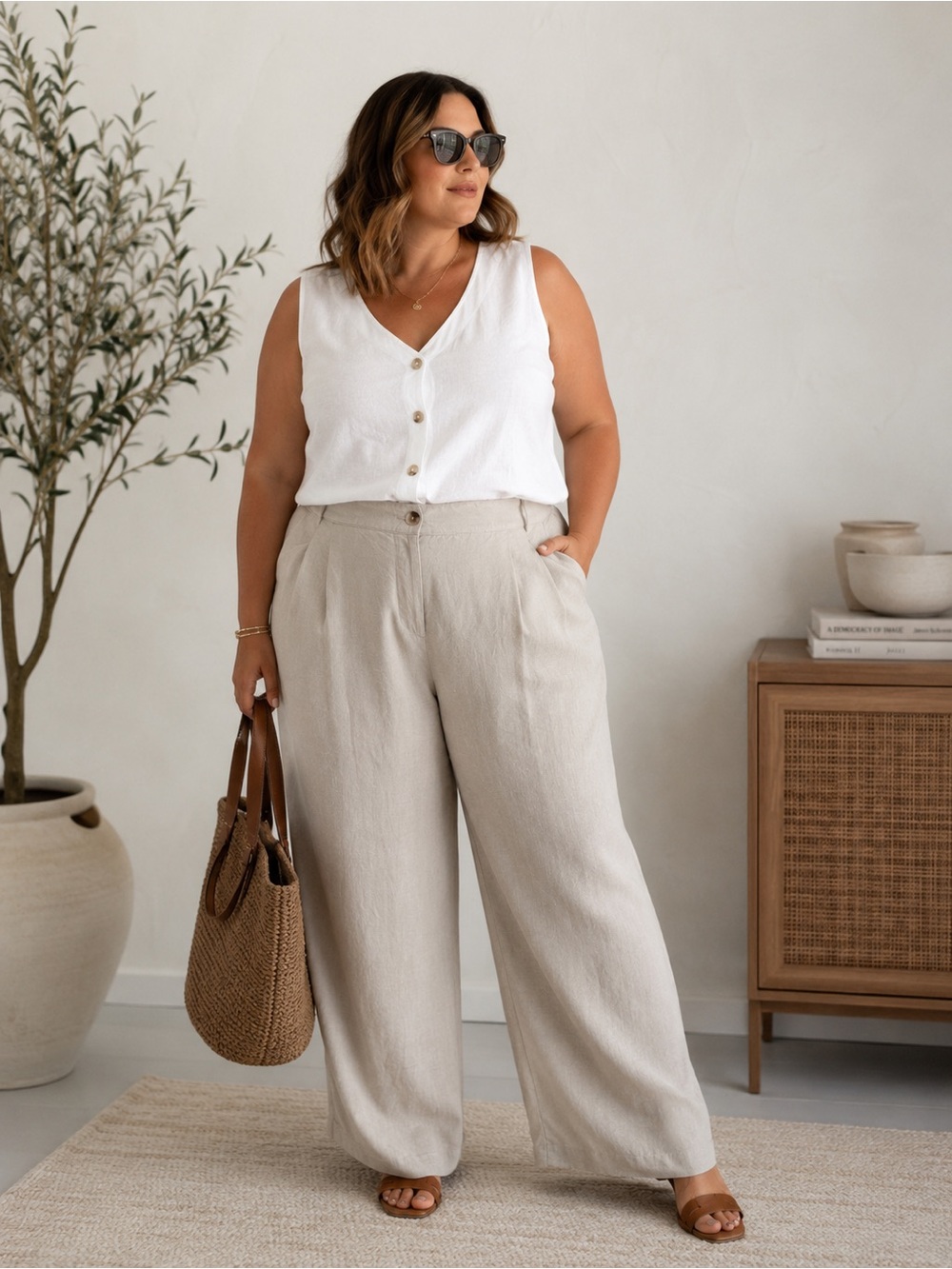 Addition Elle Linen Blend Wide Leg Pants Beige Size 18 Elastic Back